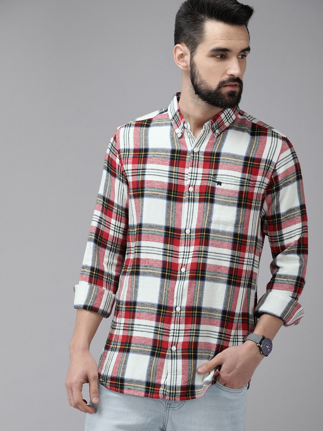 THE BEAR HOUSE Men White & Red Slim Fit Checked Cotton Flannel Casual Shirt