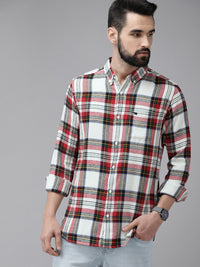 THE BEAR HOUSE Men White & Red Slim Fit Checked Cotton Flannel Casual Shirt