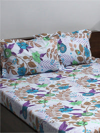 BOMBAY DYEING Ivyrose White & Blue Floral Pure Cotton 110 TC Queen Bedsheet & 2 Pillow Covers