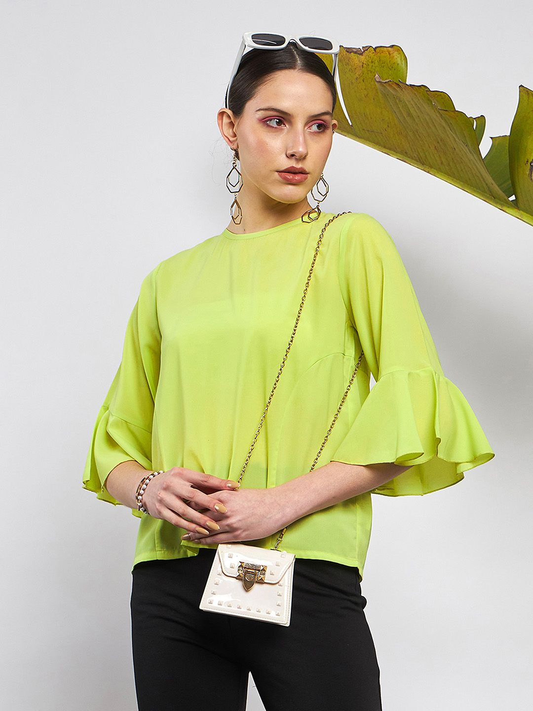 SASSAFRAS Green Bell Sleeve Georgette Top