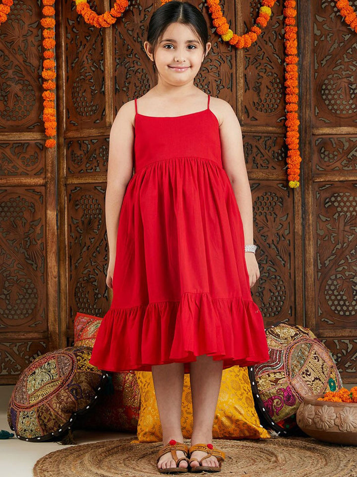 VASTRAMAY Girls Shoulder Straps Cotton Fit & Flare Ethnic Dress With Jacket