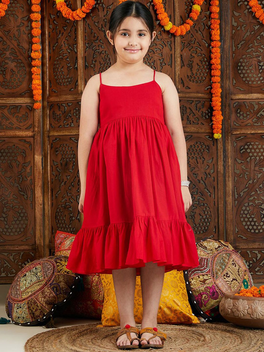 VASTRAMAY Girls Shoulder Straps Cotton Fit & Flare Ethnic Dress With Jacket