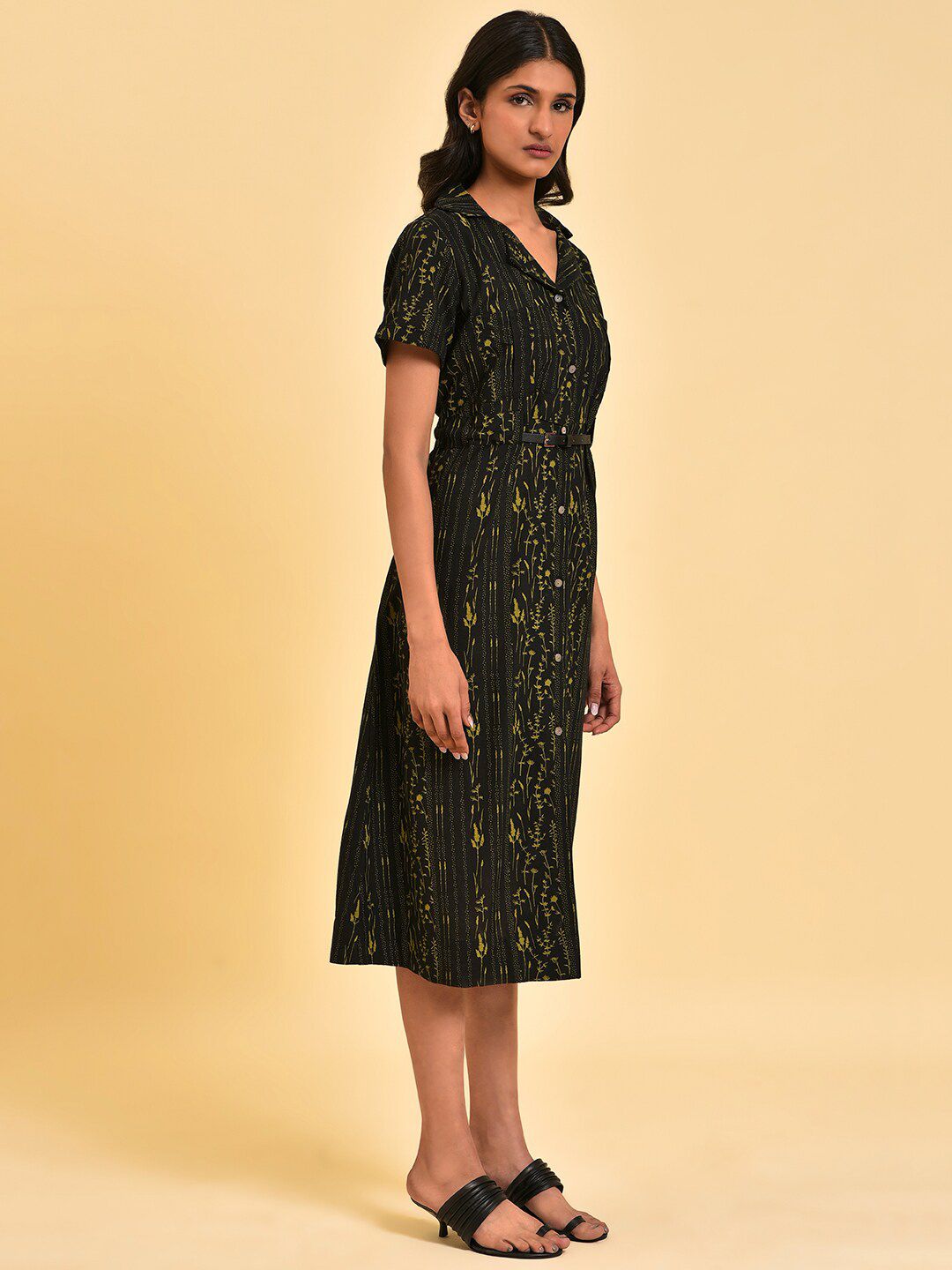 W Black Floral Printed Shirt Dress With Belt