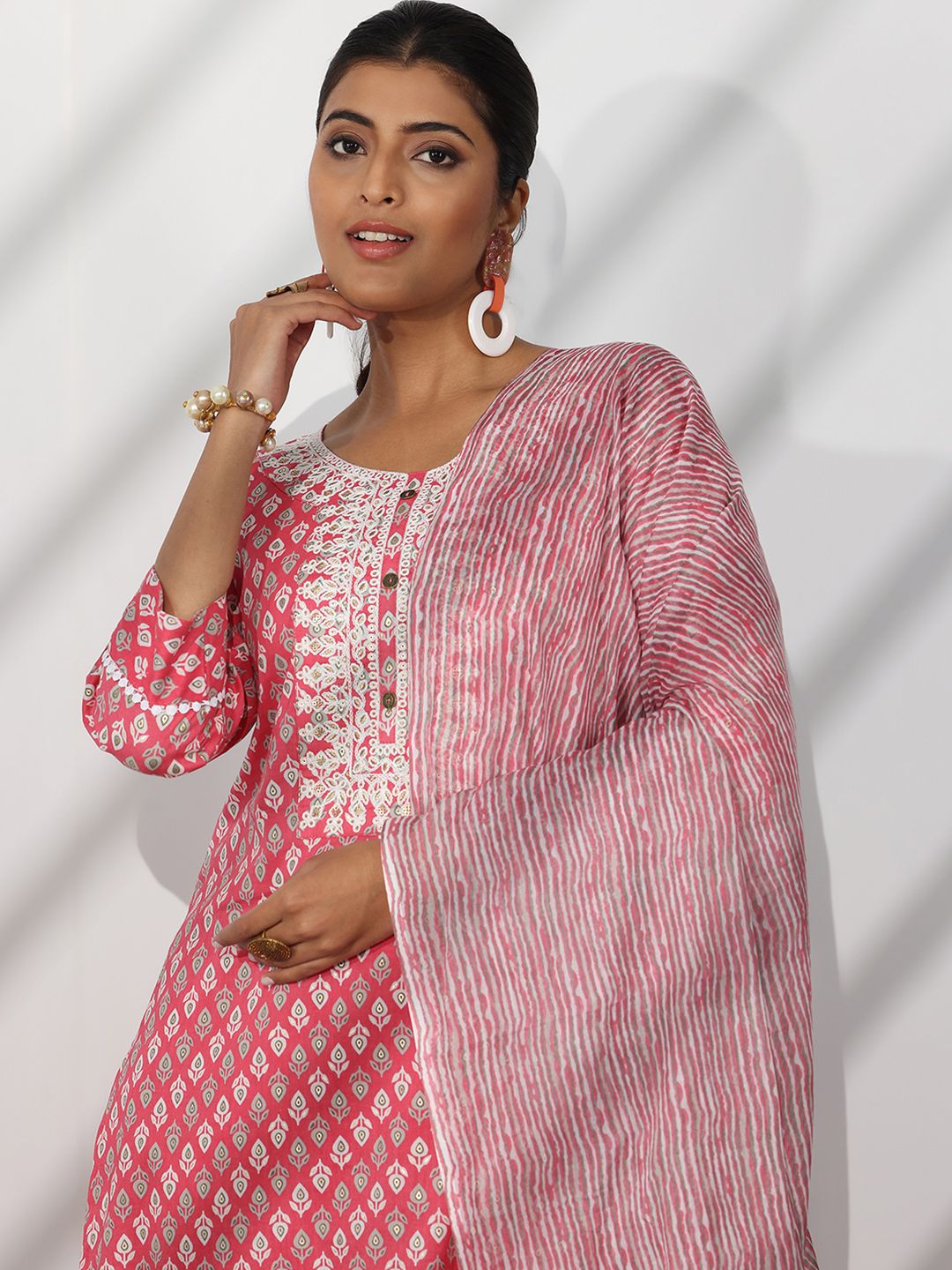 Libas Floral Printed Thread Work Pure Cotton Straight Kurta With Trousers & Dupatta