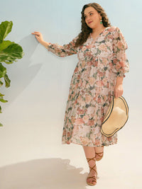 SASSAFRAS Curve Women Plus Size Floral Printed Tiered  Georgette Empire Midi Dress