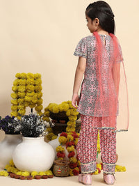 Cutiekins Girls Ethnic Motifs Printed Puffed Sleeves Straight Kurta with Salwar & Dupatta