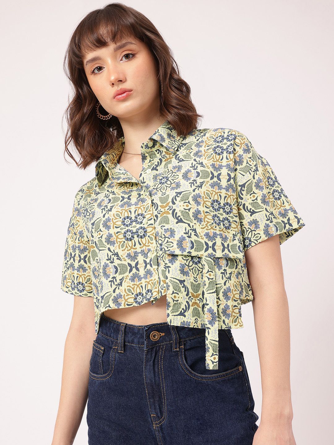 DressBerry Nomad Nook Printed Seersucker Boxy Crop Shirt