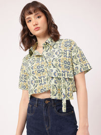 DressBerry Nomad Nook Printed Seersucker Boxy Crop Shirt