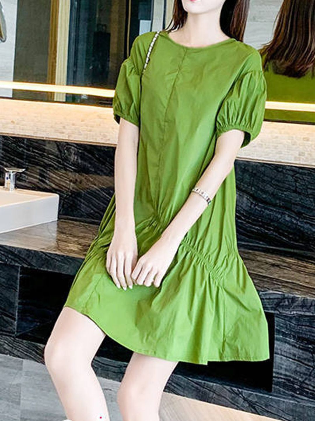DressBerry Women Puff Sleeve Cotton A-Line Dress