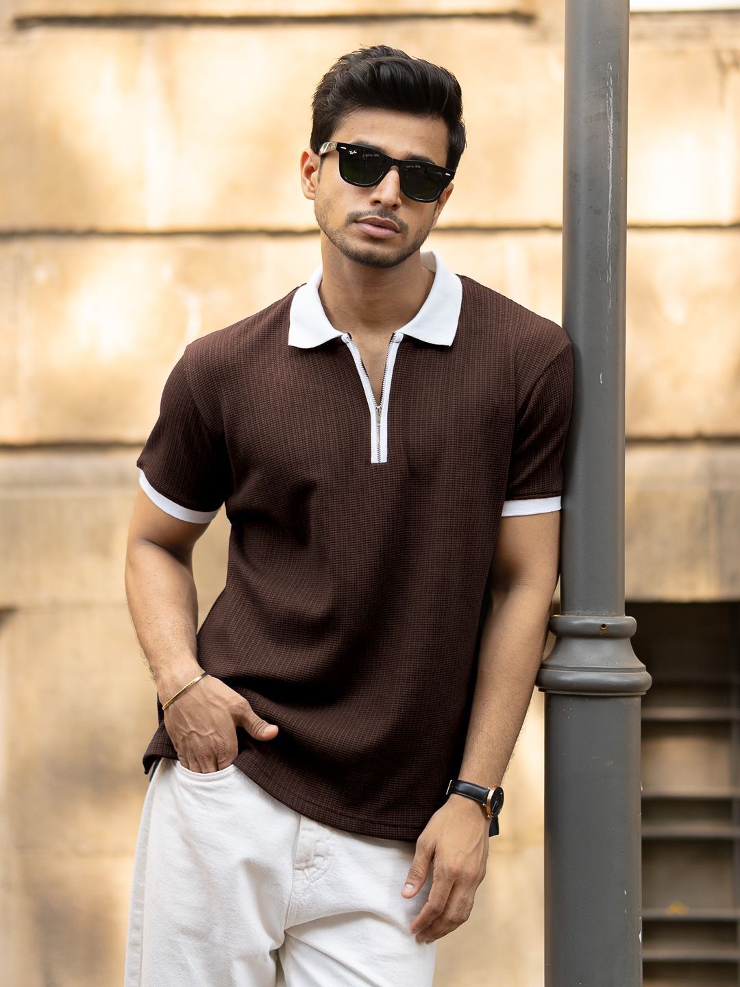 Powerlook Men Self Design Polo Collar T-shirt