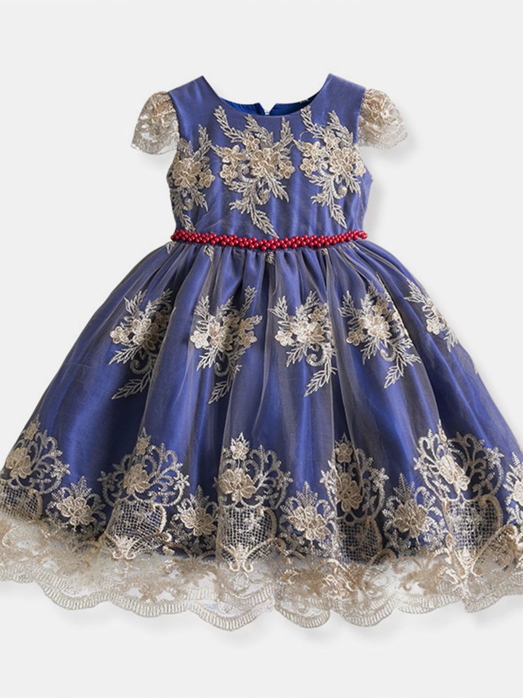 YK Girls Floral Embroidered Bow Fit & Flare Dress