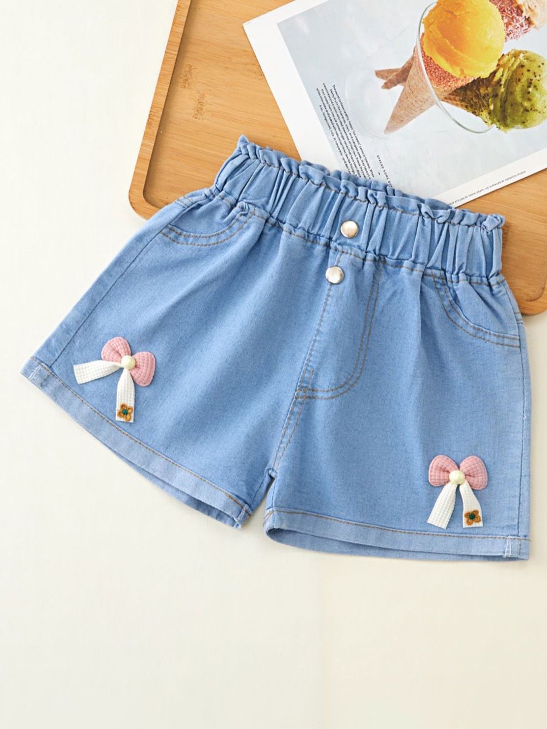 YK Girls Embellished Washed Denim Shorts