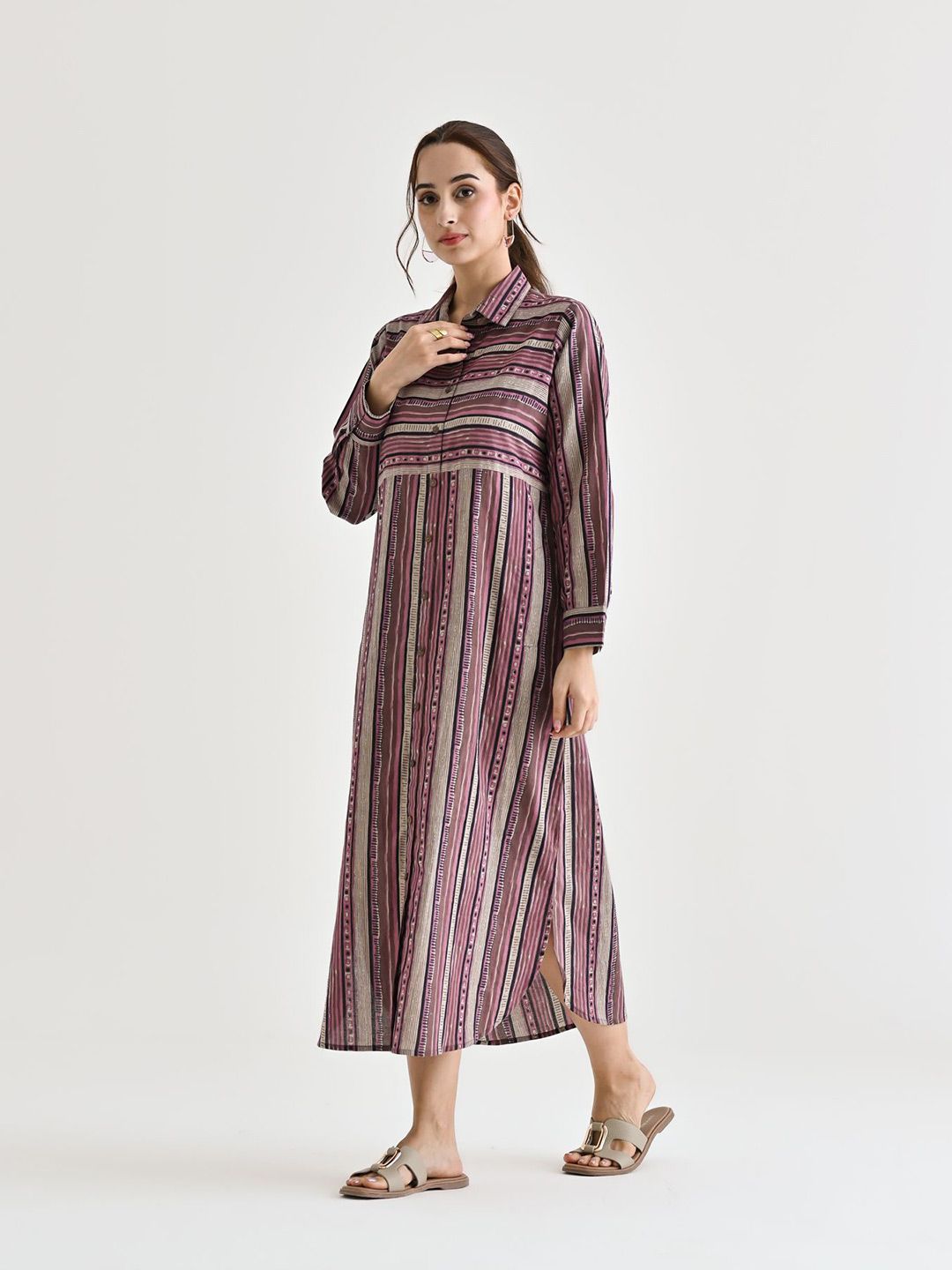 Rustorange Women Striped Cotton Shirt Collar Shirt Midi Dress
