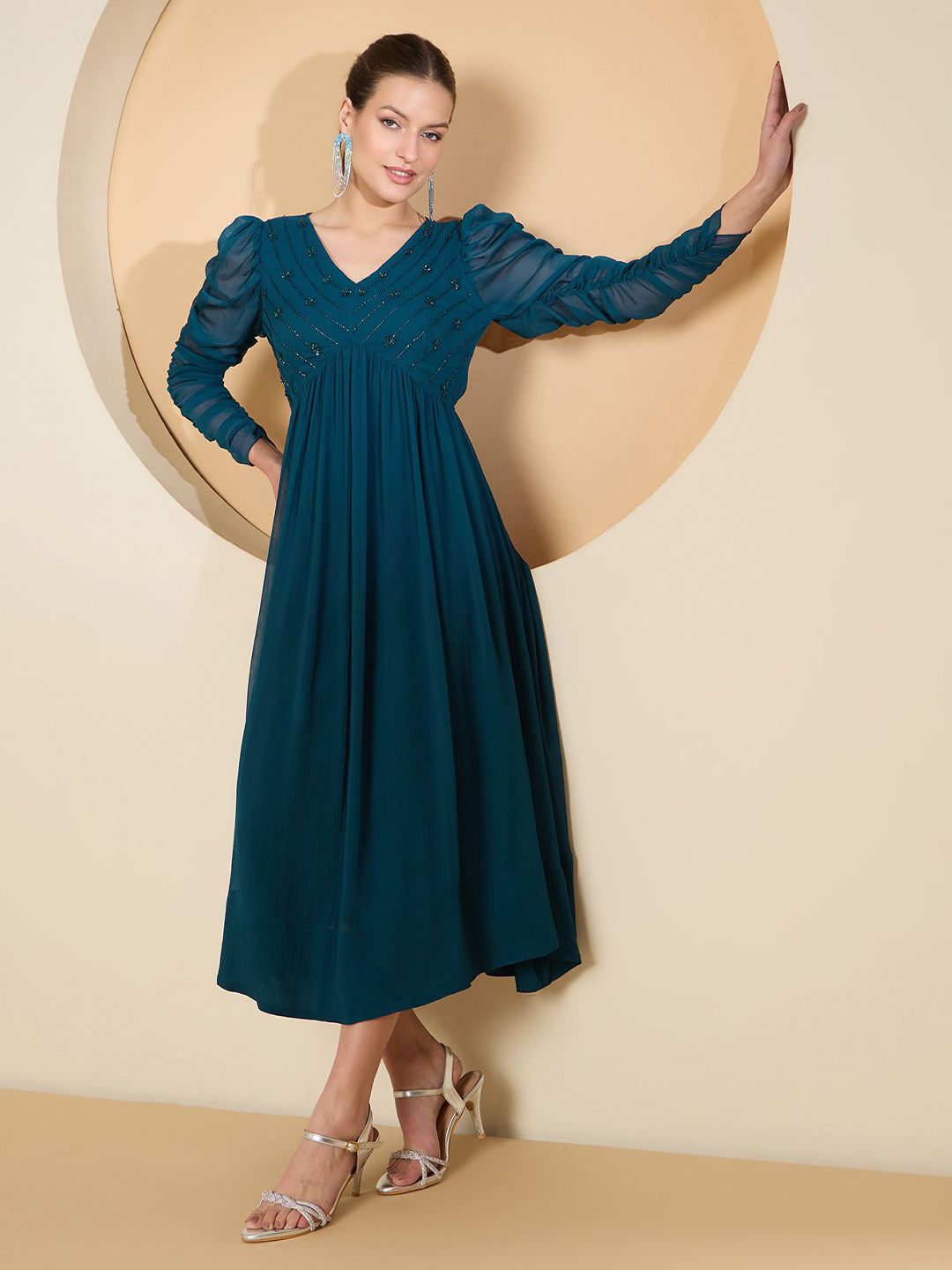 Antheaa Puff Sleeve Chiffon Embellished A-Line Midi Dress