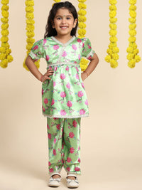 Cutiekins Girls Floral Printed V-Neck Gotta Patti Empire Anarkali Kurti with Dhoti Pants
