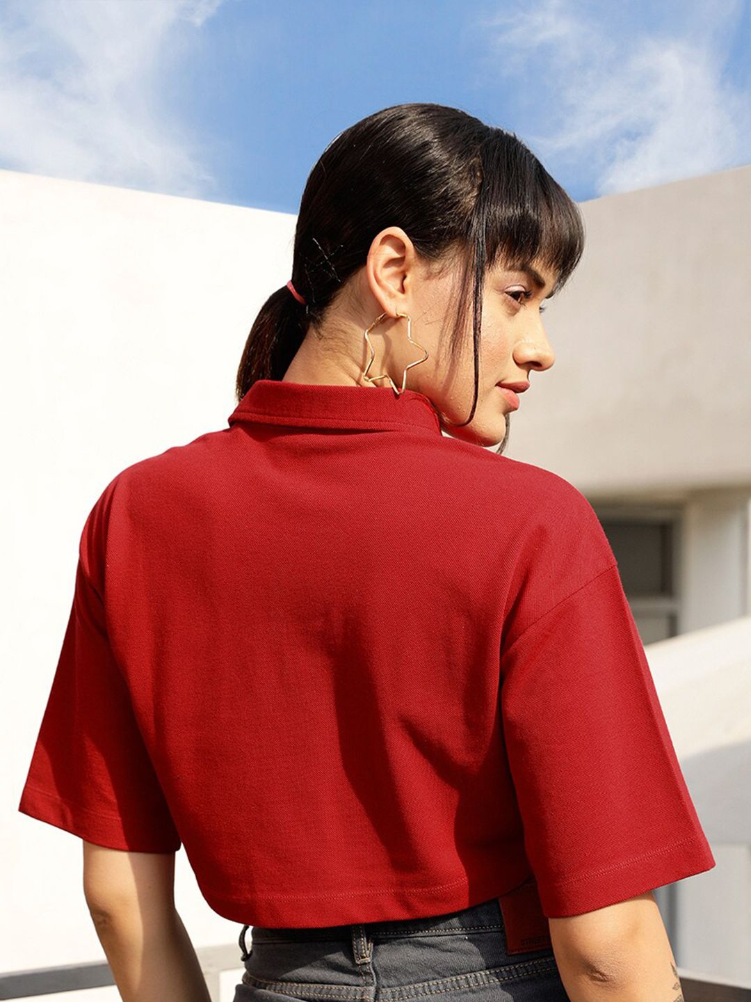 STREET 9 Red Polo Collar Drop Shoulder Sleeves Crop Pure Cotton Oversized T-shirt
