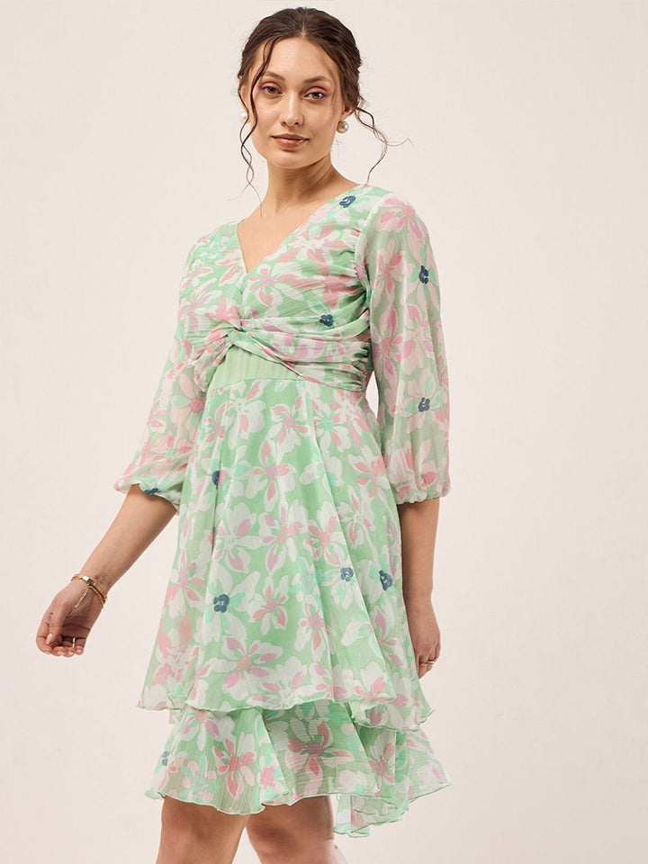 Antheaa Green Floral Printed Puff Sleeves Gathered Smocked Fit & Flare Dress