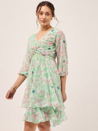 Antheaa Green Floral Printed Puff Sleeves Gathered Smocked Fit & Flare Dress