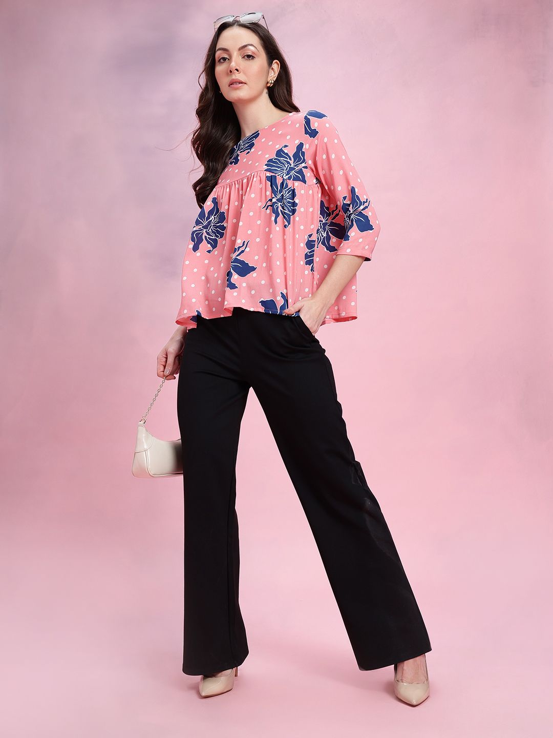 DressBerry Floral Print Boat Neck Gathered Detail Empire Top