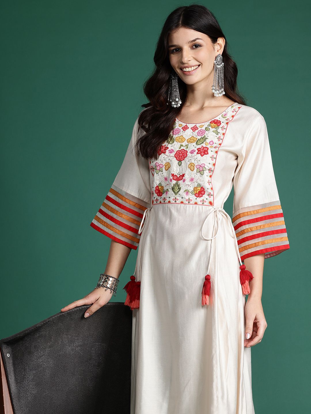 Indo Era Floral Embroidered Empire Thread Work Liva Kurta with Trousers