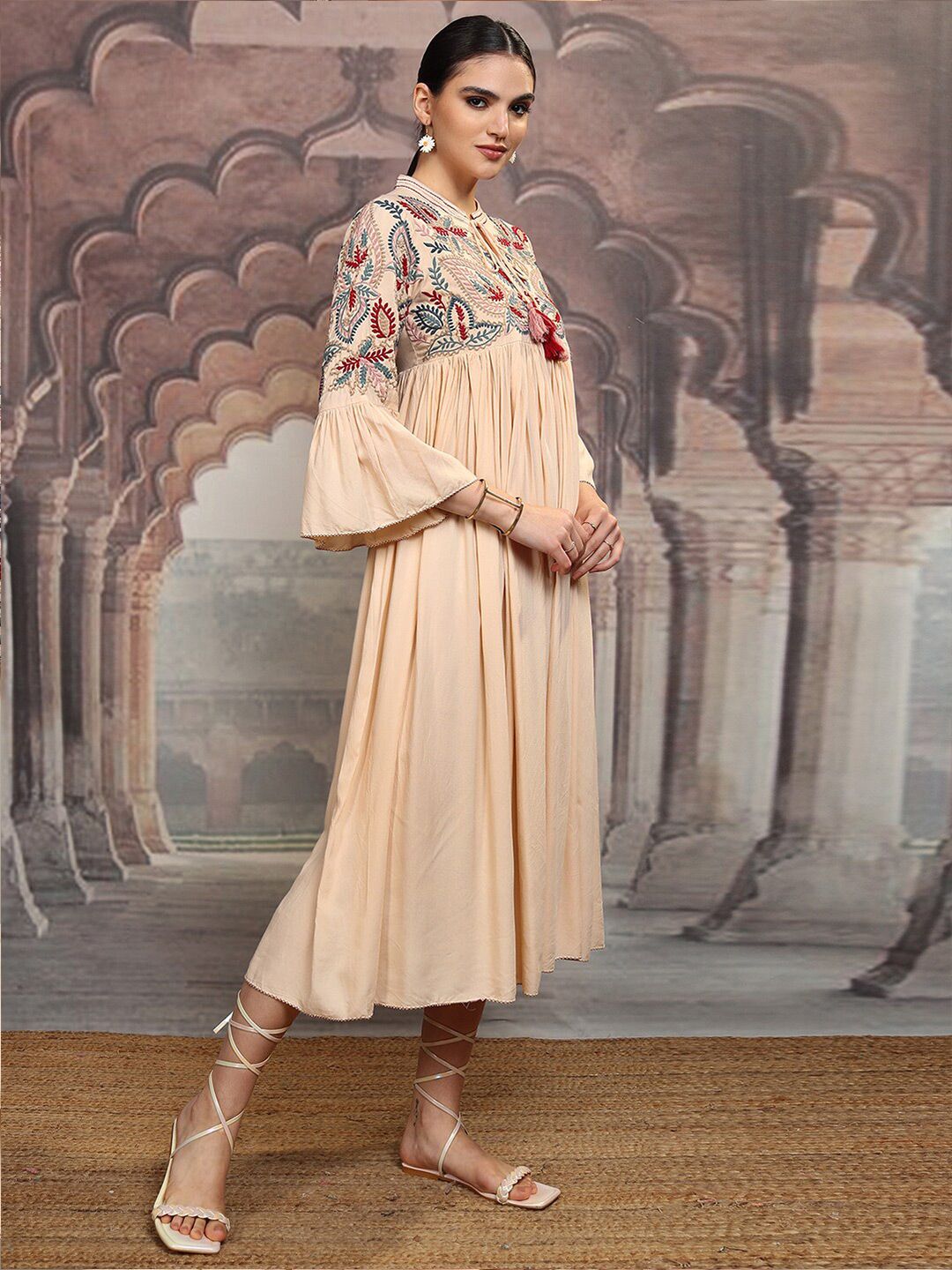 Vishudh Embroidered Tie-Up Neck Bell Sleeves Maxi Dress