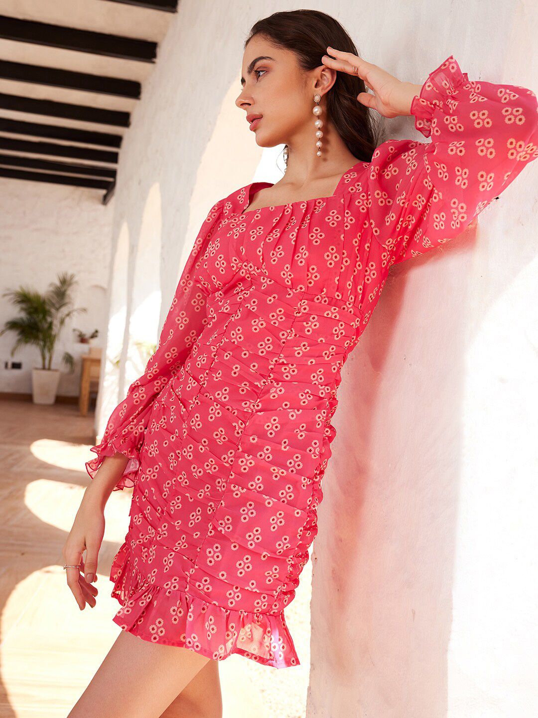 STREET 9 Floral Printed Georgette Square Neck Bodycon Dress