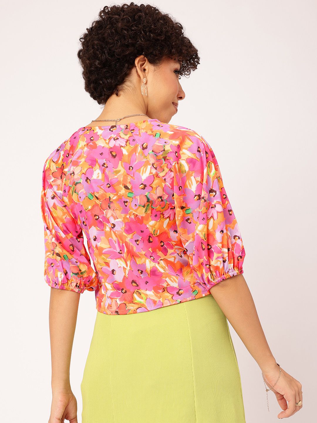 DressBerry Floral Paradise Print Puff Sleeve Shirt Style Crop Top