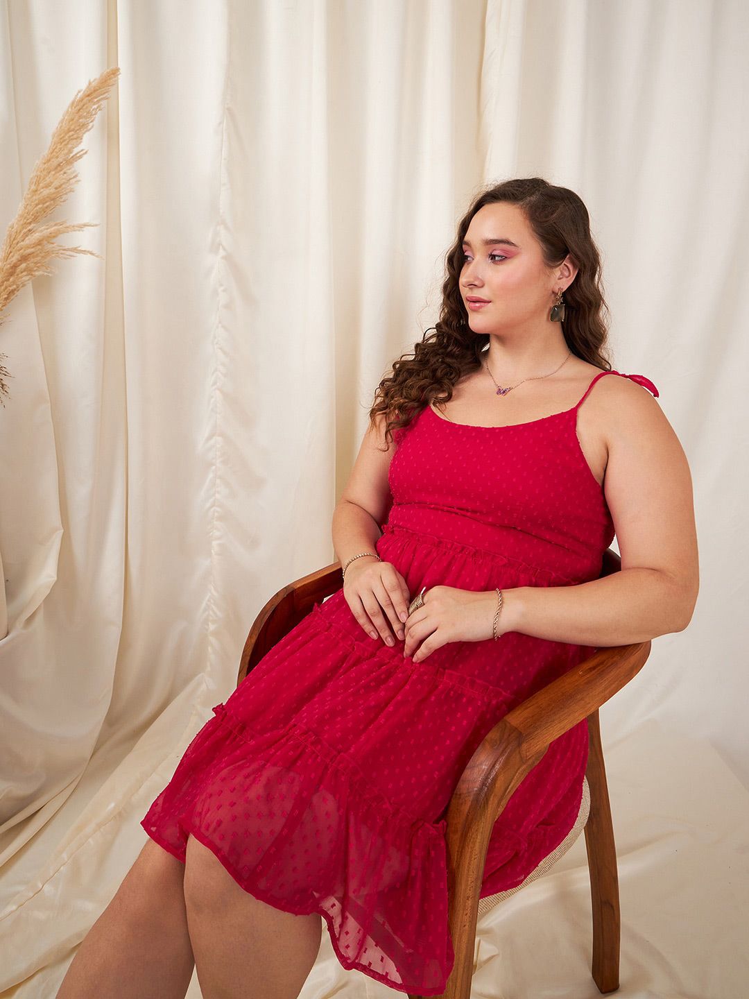 Berrylush Curve Plus Size Pink Self Design Shoulder Sraps Tiered Smocked Fit & Flare Dress