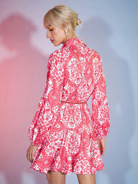 SASSAFRAS Shirt Collar Ethnic Motifs Printed Shirt Dress With Belt