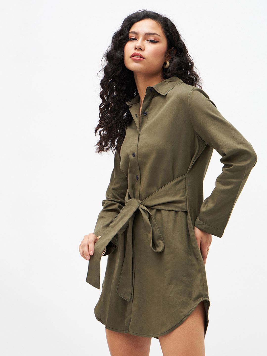 SASSAFRAS Women Olive Green Solid Shirt Dress With Waist Tie-Up Detail