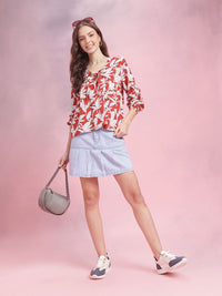 DressBerry Floral Print Tie-Up Neck Puff Sleeve Top