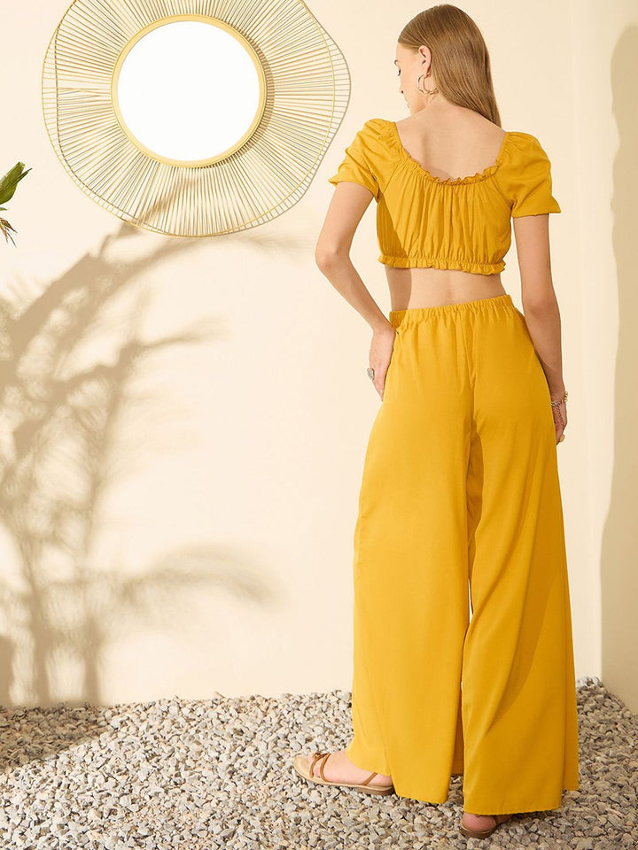 Berrylush Yellow Sweetheart Neck Crop Top With Palazzos