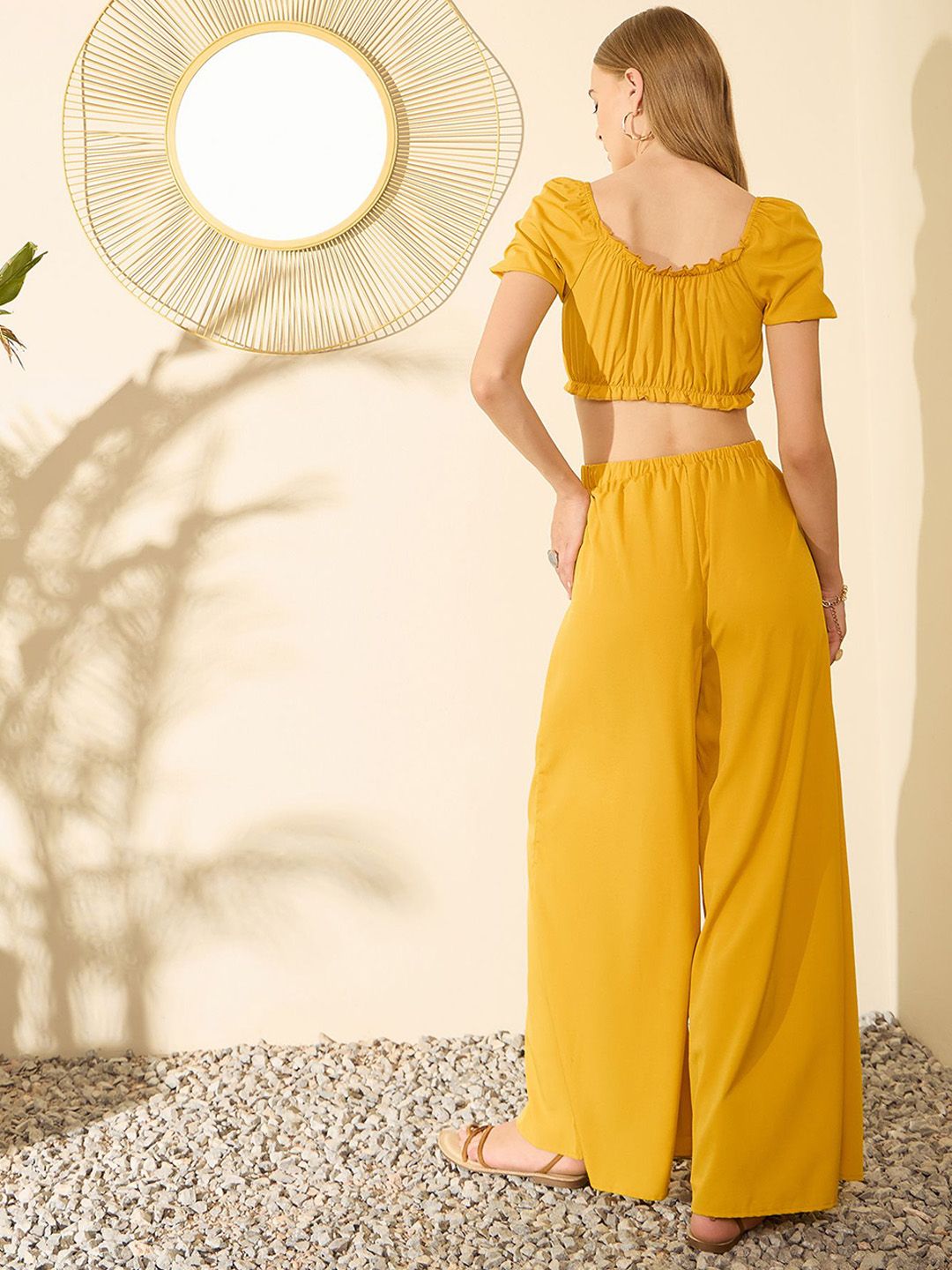 Berrylush Yellow Sweetheart Neck Crop Top With Palazzos