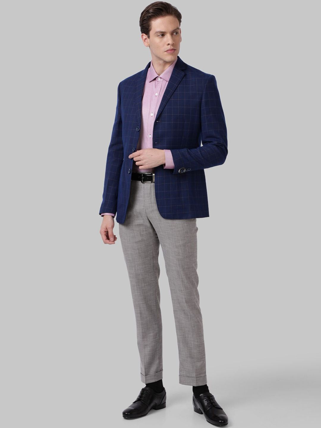 Park Avenue Men Navy Blue Checked Super Slim-Fit Single-Breasted Formal Blazer