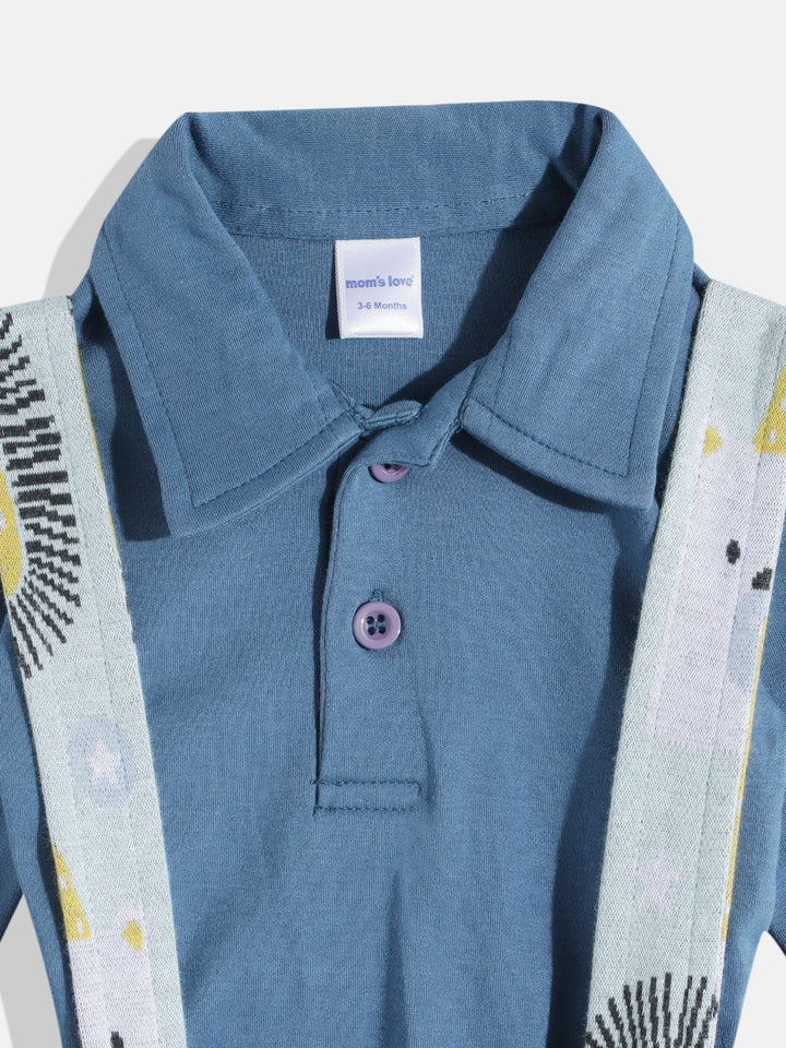 Moms Love Infant Boys Pure Cotton Graphic Printed Dungarees with Solid T-shirt