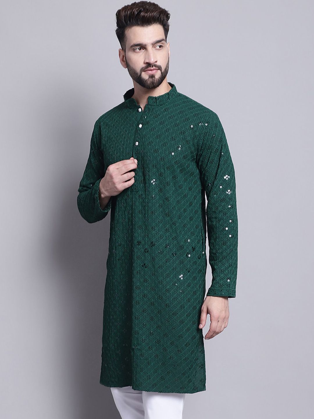 SOJANYA Embellished Mandarin Collar Sequinned Pure Cotton Kurta