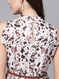 SASSAFRAS Off-White & Brown Leopard Printed A-Line Dress With Belt