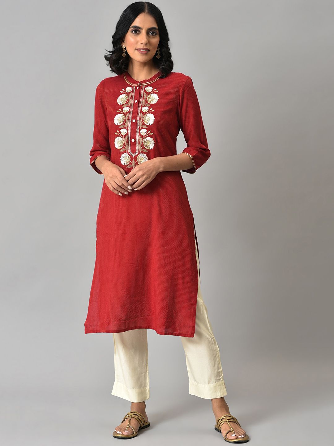 Aurelia Women Red Striped Viscose Kurta Set with Trousers