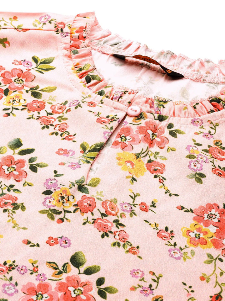 DressBerry Peach-coloured & Green Floral Printed Keyhole Neck Flared Sleeves Regular Top