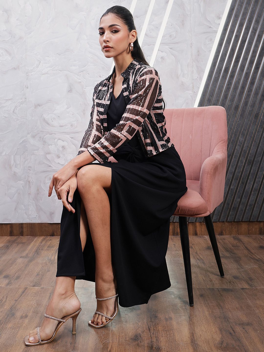 Athena Geometric Printed Embellished V-Neck Sheath Dress With Jacket