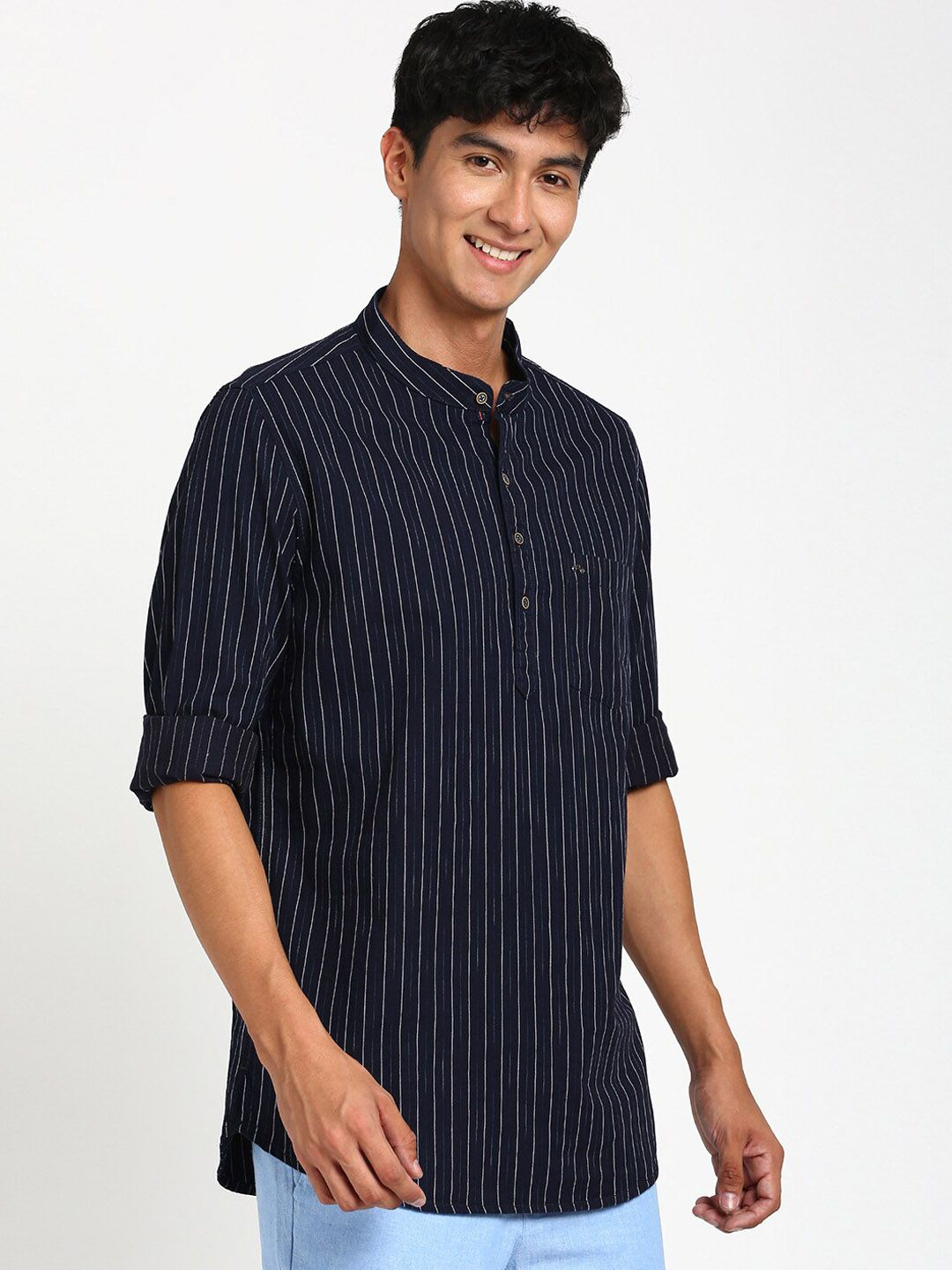 Turtle Striped Mandarin Collar Pure Cotton Kurta