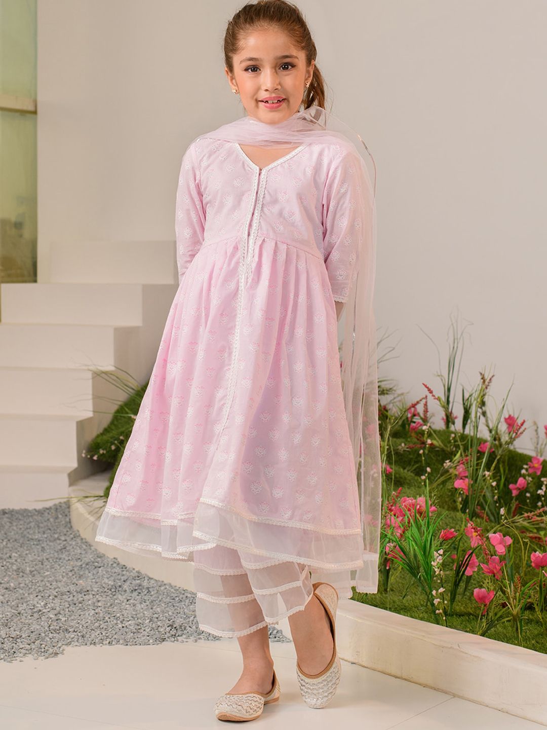 pspeaches Girls Pink Ethnic Motifs Printed Regular Pure Cotton Kurta with Palazzos & With Dupatta