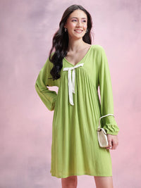 DressBerry Plisse Effect Bow-Detail V-Neck Extended Sleeves A-Line Dress