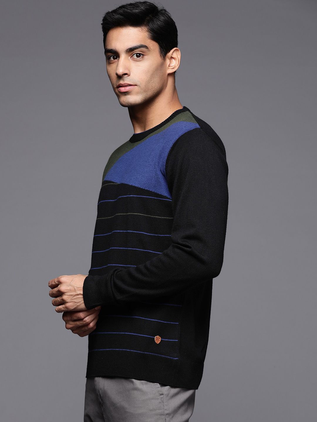 Raymond Men Navy Blue Striped Pullover