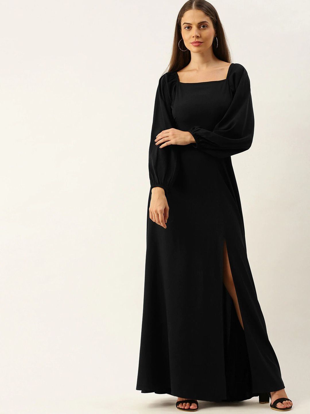 Berrylush Women Black Crepe High Slit Maxi Dress