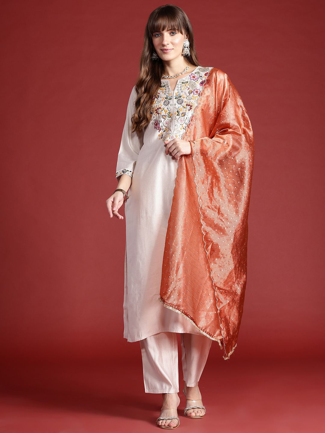 Indo Era Ethnic Motifs Embroidered Thread Work Liva Kurta With Trousers & Dupatta