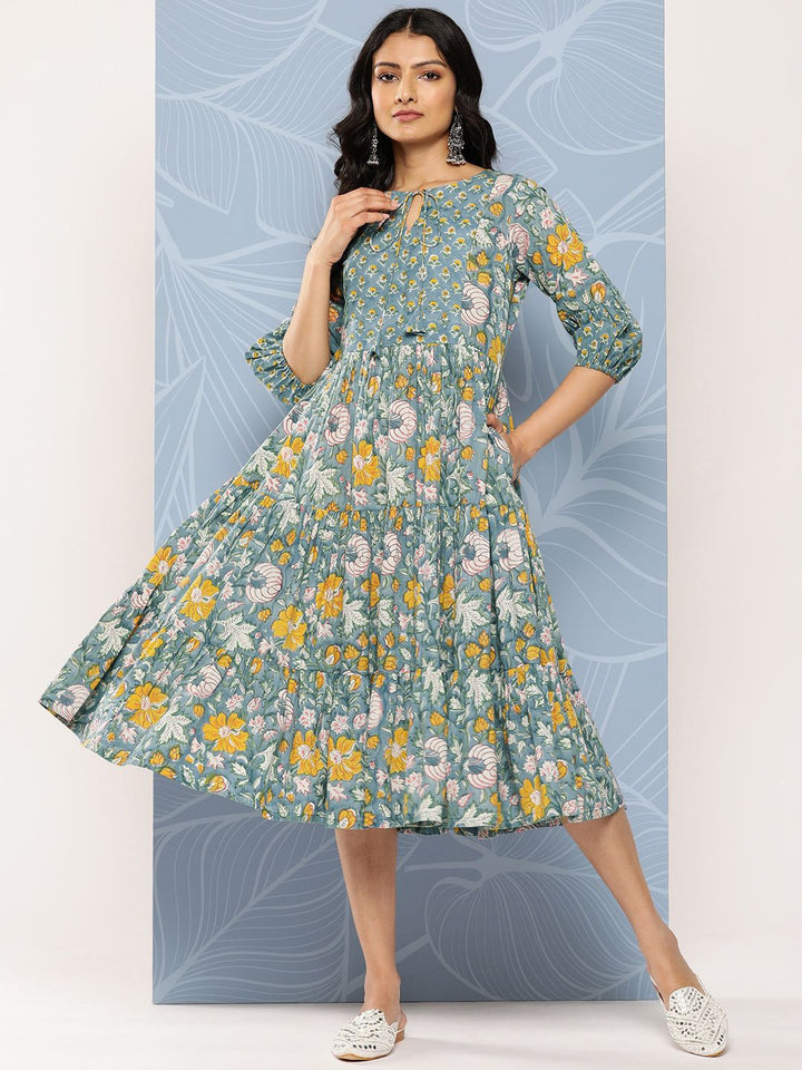 Libas Blue & Yellow Floral Print Tie-Up Neck Puff Sleeve Fit & Flare Midi Dress
