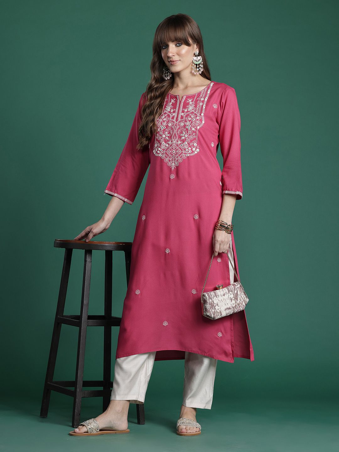 Indo Era Floral Embroidered Thread Work Kurta