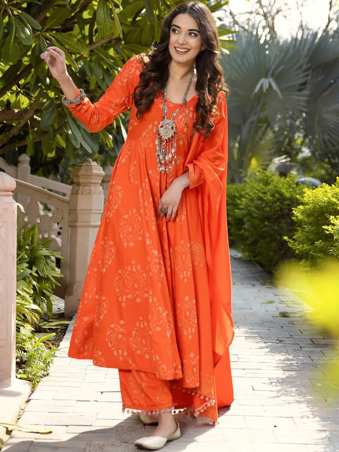 Rustorange Women Orange Ethnic Motifs Regular Kurta with Palazzos & With Dupatta