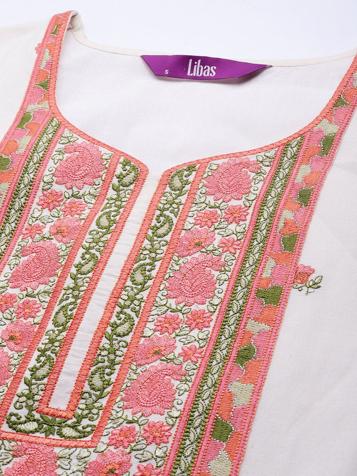 Libas Women Off White & Pink Cotton Floral Thread Work Kurta with Palazzos & Dupatta